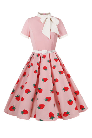 A Line Blush Strawberry Printed 1950'er kjole med korte ærmer